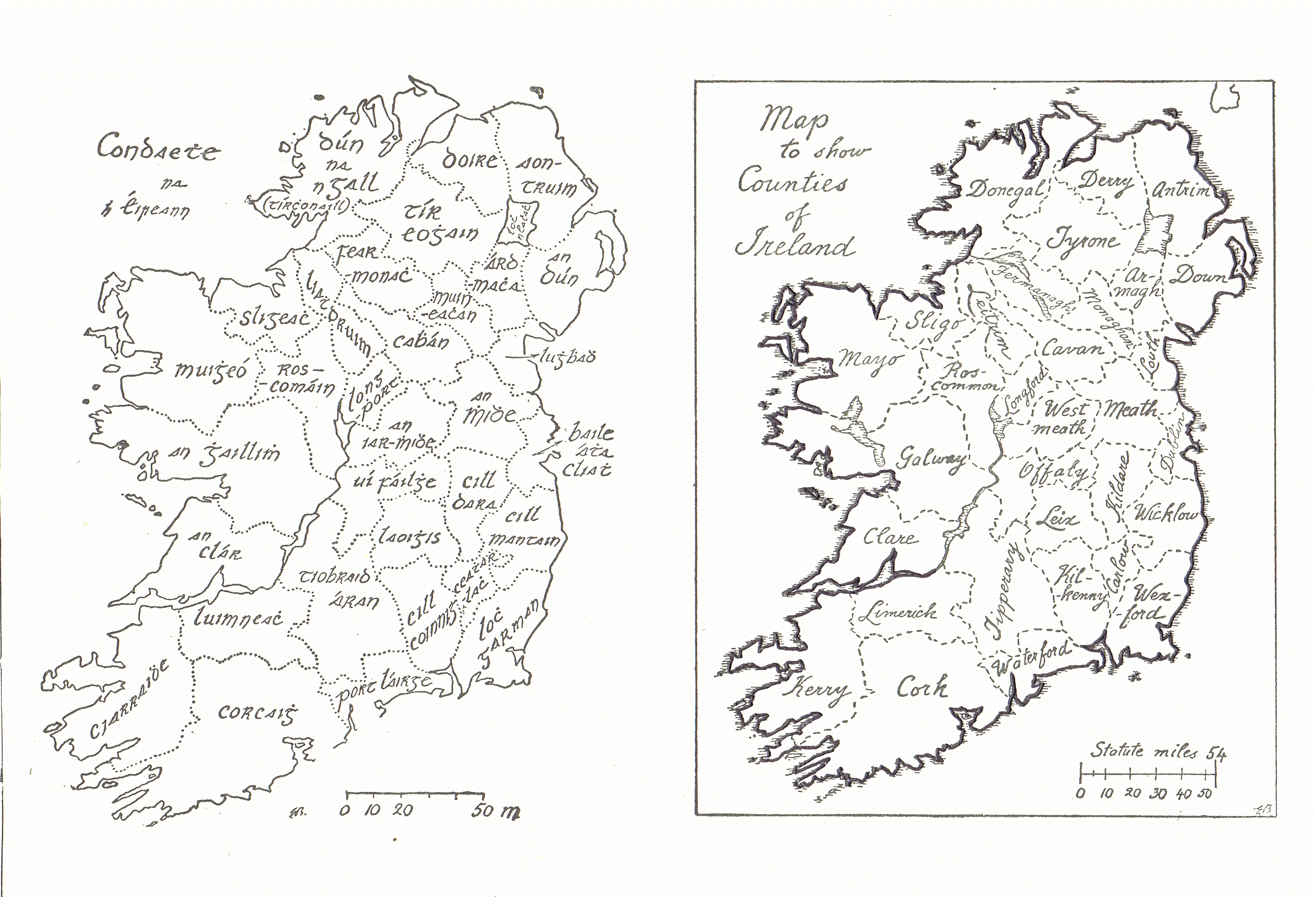 County Map of Ireland - in Irish and English about 1960